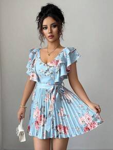 Vestido elegante y romántico para vacaciones con cuello en V con volantes, cintura ceñida y estampado de lunares en forma de línea A para mujeres - Multicolor 6 - Ver 5