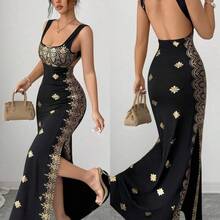 Raffinéa Women's Shiny Gold & Black Summer New Dress, Square Neck Spaghetti Strap Backless Slit Hem Fitted High Waist Dress, Suitable For Party, Wedding, Business Banquet, Daily Occasions, Gala, Wedding Party, Holiday Attire - Negro - Ver 2
