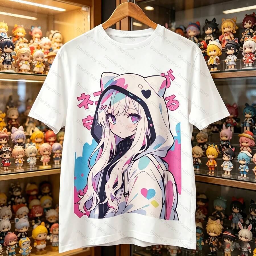 Neko Girl Print T-Shirt, Harajuku Style, Short Sleeve, Unisex, Casual, Streetwear, For Men And Women, Summer 2026, Bestseller - 款式 - 查看 1