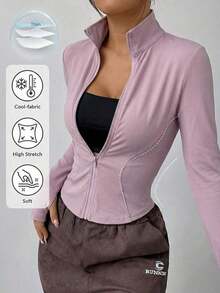 Chaqueta de manga larga de punto ajustada con protección solar para mujer en otoño/invierno, color albaricoque - Púrpura polvoriento - Ver 1