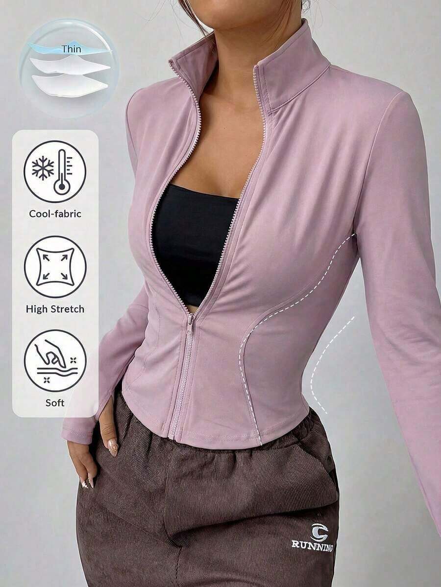 Chaqueta de manga larga de punto ajustada con protección solar para mujer en otoño/invierno, color albaricoque - Púrpura polvoriento - Ver 1