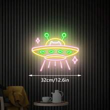 1个，5V USB供电可调光，亚克力板，UFO和卡通猫霓虹装饰灯具（含USB线），科幻卡通风格，多色/蓝紫色/暖白光，UFO和猫形，发光边缘，墙面装饰和游戏室氛围灯功能，也适合作为小型户外照明（阳台/露台） - 彩色 - 查看 3