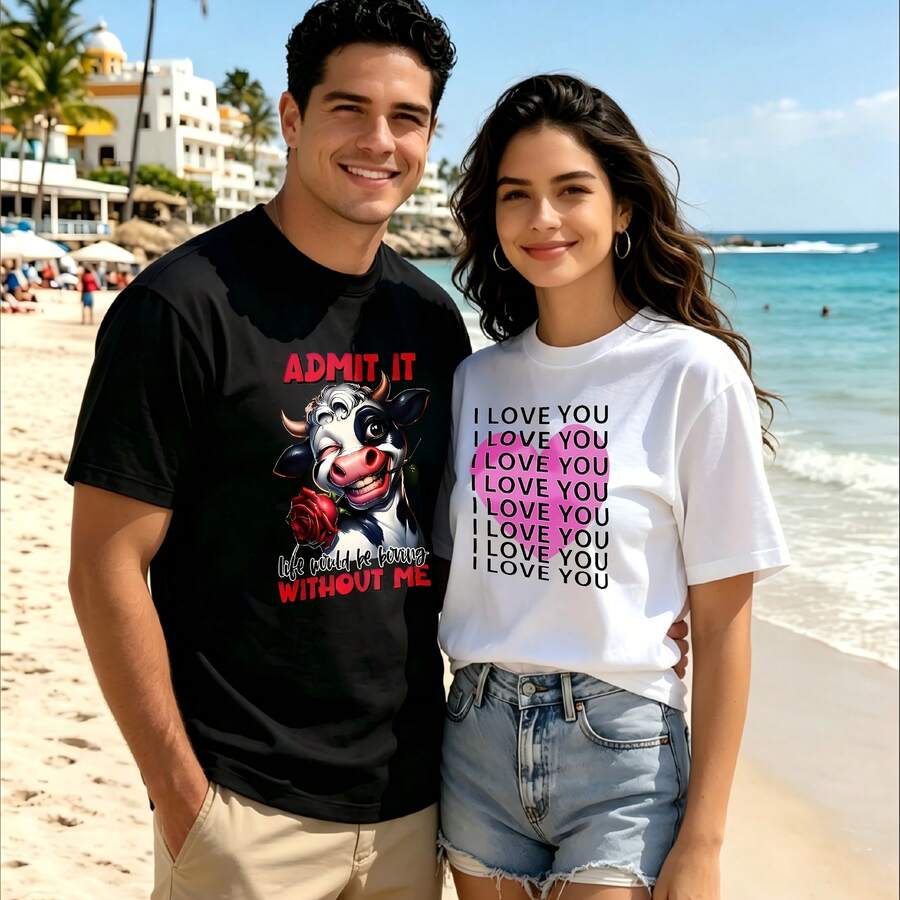 2-Piece Couple Matching Pattern T-Shirt, 100% Cotton, Loose Fit, Soft And Breathable, Casual Round Neck Short Sleeved Top Hello Summer Tropical Beach Vibes Versatile Patterns No Picky Combinations Coordinated Dating Casual Travel Simple And Cartoonish Printing Styles High Cost-Effectiveness Couple - 黑色 - 查看 1