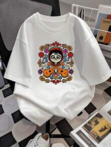 Colorful Illustration Celebrating The Day Of The Dead With Smiling Skulls, Guitars, Flowers, And Musical Notes Symbolizing Joy And Eternal Remembrance. Comfortable Casual Women's T-Shirt - 白色 - 查看 2