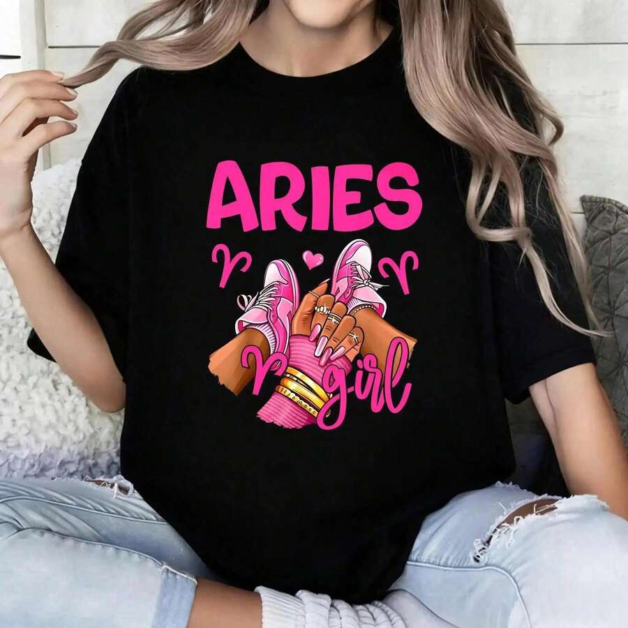 1 Pieza Camiseta de Talla Grande para Mujer con Diseño Gráfico de Zodíaco Aries Reina de Cumpleaños y Zapatillas Deportivas, Manga Corta, Cuello Redondo, Estilo Casual IG0G - Negro - Ver 1