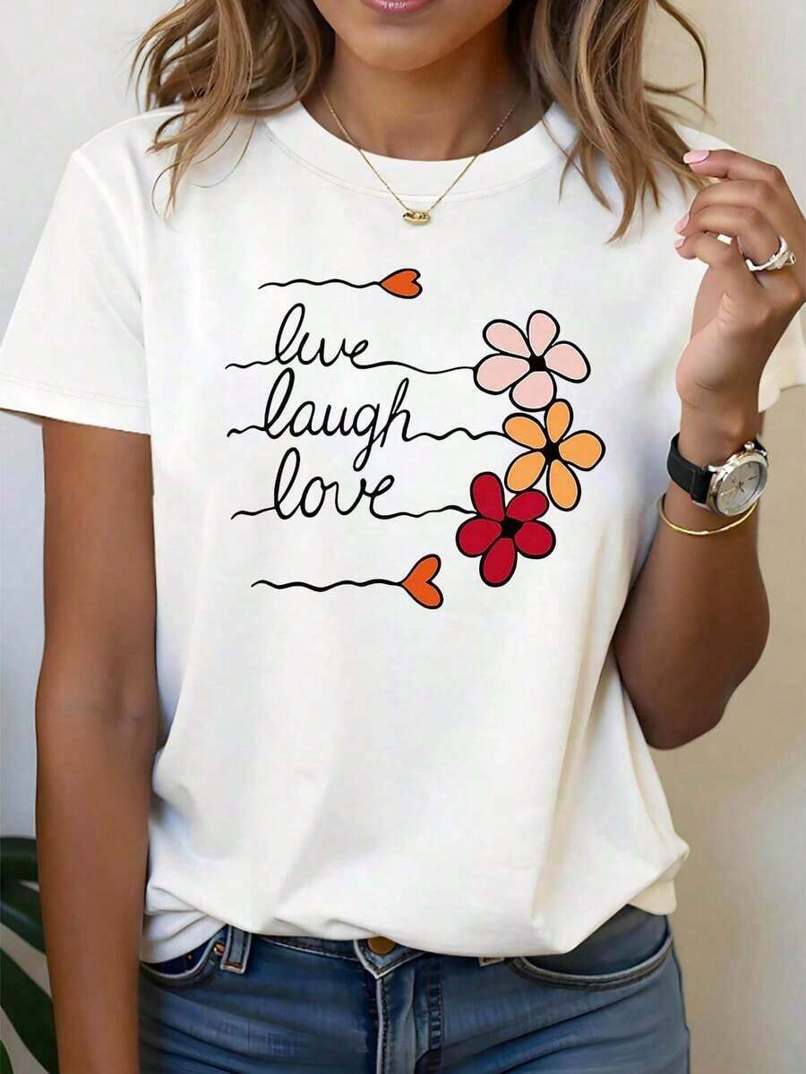 Camiseta de manga corta para mujer con estampado floral escrito a mano "L Laugh Love", cuello redondo, estilo casual, primavera/verano, estilo de dibujos animados, cómoda para uso diario, ideal para salidas cotidianas, regalo para el día, tela suave y transpirable, 100% algodón. - Blanco - Ver 1