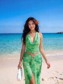 Top de tirantes asimétrico con decoración metálica y estampado floral sexy para vacaciones - Verde - Ver 6