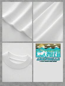 Montañas doradas con nubes y figuras caminando junto a un reno evocan un mundo mágico y aventurero lleno de esperanza y libertad camiseta de mujer  cómoda y suave para uso diario y viajes urbanos modernos - Blanco - Ver 4