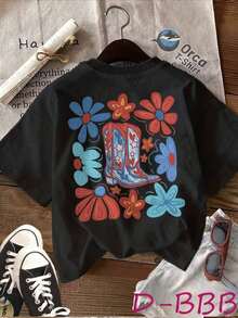 Women's Casual Summer T-Shirt, Double-Sided Print, Retro Style, Floral Print, Round Neck, And Short Sleeves. Cute Women's T-Shirts, Short-Sleeved Summer Tops, 100% Cotton, Durable. - 黑色 - 查看 2
