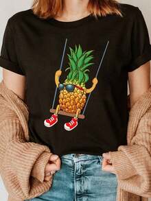Women's 1-Piece Botanical Print Cotton Casual T-Shirt - Cool, Breathable, Natural Casual Style, Crew Neck, Short Sleeve, Black Cotton T-Shirt For Women - Fun Pineapple Print Casual Top, Crew Neck, Semi-Sheer Design For Spring And Summer, Machine Washable, Fruit Print Short Sleeve T-Shirt For Everyday Wear On Summer Vacation. 100% Durable Cotton - 黑色 - 查看 1