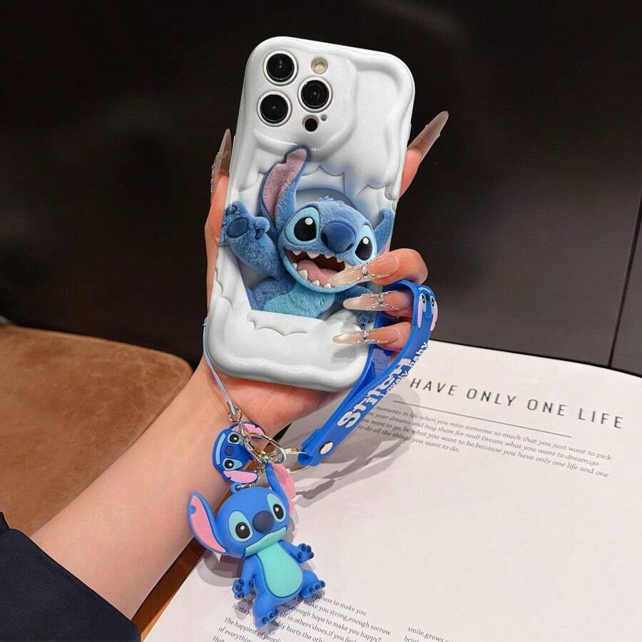 Disney Lilo And Stitch Phone Case : 3D Fluffy Pattern Border Protector Phone Soft Phone Case With A Free Cute Stitch Bracelet Chain Lanyard, Stitch, Lilo, Angel, For Apple 17 Promax 17 Pro 16 15 14 13 12 11 Pro Max XS Max X XR Soft Cover Summer Phone Case - 白色 - 查看 1
