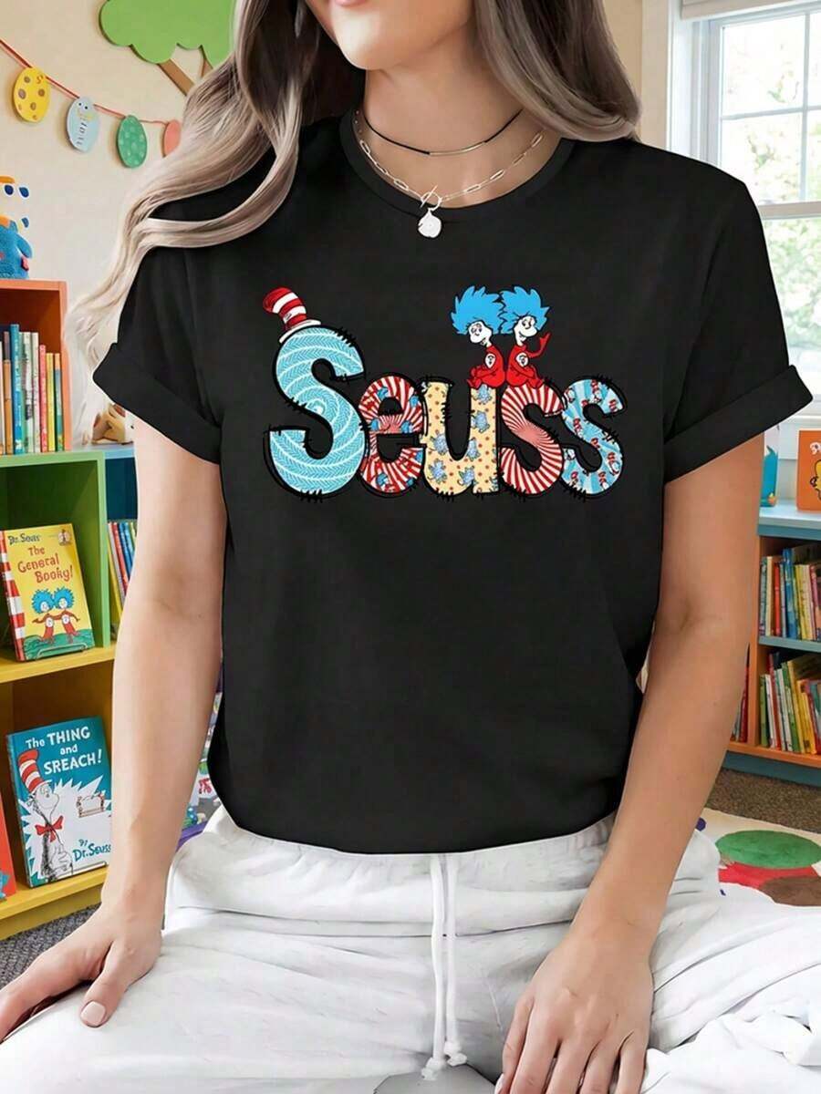 Camiseta estampada de mujer Sestuto, informal, de manga corta, transpirable, colores brillantes, para primavera y verano, con diseño divertido del Doctor Sestuto, ropa casual para uso diario, camisa estampada con personajes, blusas para mujer. - Negro - Ver 1