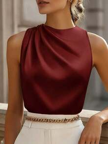 Blusa formal ajustada sin mangas con volantes en los hombros expuestos, color champán, adecuada para ir a la oficina, primavera y otoño-verano - Burdeos - Ver 4