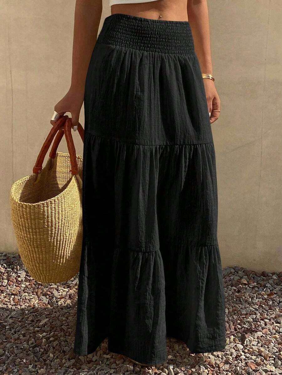 Women's Solid Color Skirt For Vacation And Leisure, Bohemian Style - Black - View 1