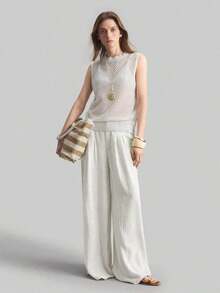 Ontre 2026SS Nuevos pantalones de pierna ancha para mujer, pantalones casuales y sueltos con cintura plisada, adecuados para estilo bohemio, Ibiza, vacaciones, festivales, invitados de boda, oficina, maestros, vuelta al colegio, con bolsillos, ajuste relajado, elegante estilo urbano chic, pantalones versátiles para mujer para primavera/verano - Blanco - Ver 2