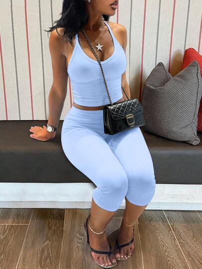 LovelyWholesale Women's Casual V-Neck Knit Vest Paired With Slim Fit Capri Pants Set, Solid Color Summer Outfit