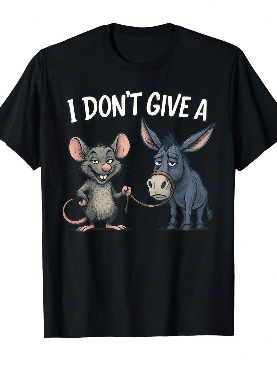 Men's T-Shirt With A Funny Cartoon Print Of "I Don't Give A Mouse" And A Donkey, Black, Round Neck, Short Sleeve, Breathable, Casual Summer Office Design, Comfortable Fit Everyday Wear T-Shirt - 黑色 - 查看 1