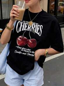 New Short-Sleeved Printed T-Shirt, Comfortable And Versatile. Can Be Worn Alone Or As An Undershirt. Loose-Fitting Crew Neck Design, Unisex Cut, Also Ideal For Couples. - 黑色 - 查看 1
