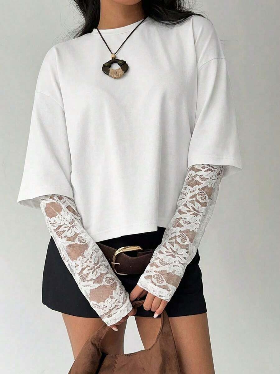Women's Solid Color T-Shirt With Minimalist Lace Sleeves For Everyday Wear - 白色的 - 查看 1