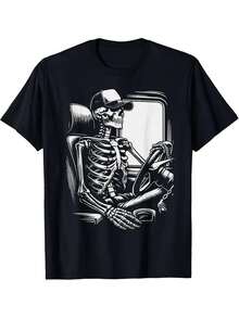 Skeleton Trucker T-Shirt For Men And Women - Funny Graphic Of An 18-Wheel Truck And A Crying Trucker, Retro Black And White Trucker Tee, Comfortable Short-Sleeve Cotton T-Shirt For Truck Enthusiasts, Casual Wear - 黑色 - 查看 1