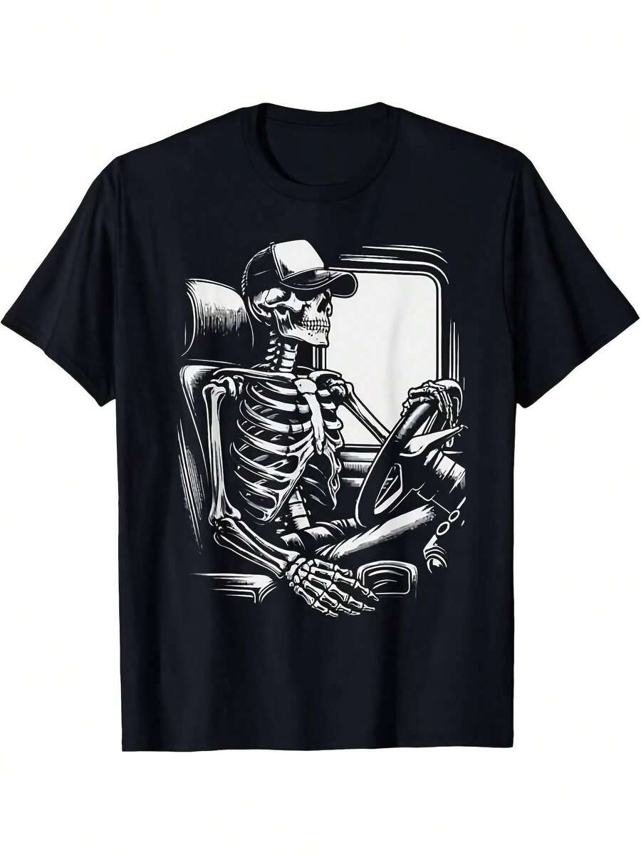 Skeleton Trucker T-Shirt For Men And Women - Funny Graphic Of An 18-Wheel Truck And A Crying Trucker, Retro Black And White Trucker Tee, Comfortable Short-Sleeve Cotton T-Shirt For Truck Enthusiasts, Casual Wear - 黑色 - 查看 1
