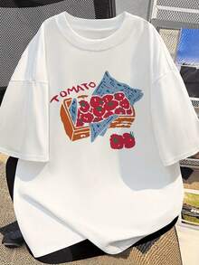 Short Sleeve T-Shirt With Tomato Print 2026 - Casual Summer T-Shirt In Black, With A Vibrant Design Of Tomatoes And Chili Peppers, Regular Fit With Round Neck, Machine Washable, Comfortable And Soft Premium Fabric, Suitable For Casual Wear, Plus Size T-Shirt. - 白色 - 查看 1