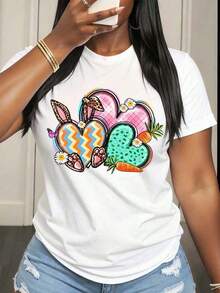 Women's Clothing Funny Short Sleeve T-Shirt With Easter Bunny And Heart Print For Women, 100% Cotton, Casual, For Spring, Summer, Parties, Holidays, Gift Option, Women's Shirts - 白色 - 查看 1