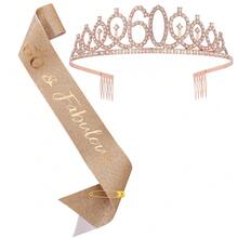Rose Gold Birthday Crown Strap Set, Rhinestone Number Crown + Glitter Strap, Women's Birthday Party Decor Accessories - Multicolor - View 28