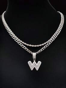 Bộ 2 món: 1 mặt dây chuyền chữ cái đính đá Cubic Zirconia & 2 dây chuyền thép không gỉ, 26 chữ cái tiếng Anh, Dây chuyền mặt dây chuyền phong cách hip hop cổ điển dành cho nữ, Thích hợp đeo hàng ngày hoặc dự tiệc, Quà tặng ngày Valentine - Bạc - Xem 18