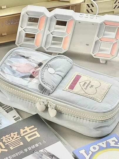 可爱日系ins风小清新简约铅笔盒艺术复古大容量女生笔袋带透明卡袋心形拉链