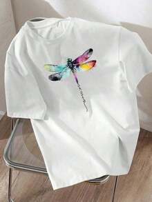 Plus Size Round Neck Short Sleeve T-Shirt Colorful Dragonfly Print Women's Casual Christmas Clothing Pure-Cotton - 白色 - 查看 3
