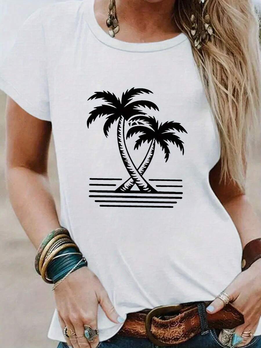 Round Neck T-Shirt With Palm Print, Casual Short-Sleeved Top For Spring/Summer, Women's Clothing. A Very Distinctive Printed T-Shirt / Unisex Style / Suitable For Both Men And Women / Wrinkle-Resistant / Breathable - 白色 - 查看 1