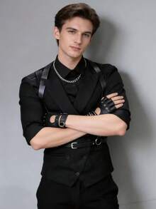 1pc Black Leather Shoulder Strap, Accessory For Live Streaming Performance, Outfit Decoration - Black - View 2