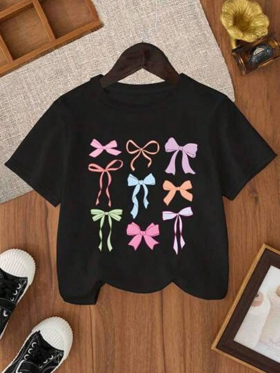 Girls' Bow Print Round Neck T-Shirt (Only Available For The Short-Sleeved Shirt Shown In The Image) Children's Casual Soft Top For Spring & Summer. Gifts For Children, Classmates, And Friends. Perfect For Pre-Holiday Shopping Or As A Birthday Present. - 黑色 - 查看 1