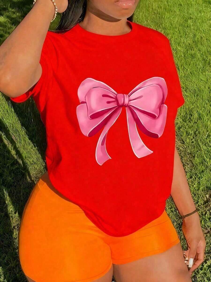 Premium1 pieza de camiseta de manga corta con cuello redondo para mujer, 100% algodón, ligera, transpirable, versátil, estilo casual, con estampado gráfico - Camiseta de manga corta con estampado de lazo rosa, disponible en múltiples colores y tallas, tela suave y transpirable lavable a máquina, cómoda para uso diario en todas las estaciones, material no transparente - Ropa de verano para el día a día. Ecológico - Rojo - Ver 1
