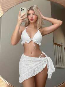 Conjunto de bikini de 3 piezas con tapa de falda, estilo de vacaciones en la playa, para mujer, con bikini halter sin espalda y encaje sexy - Blanco - Ver 9