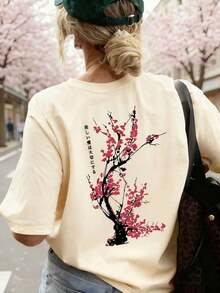 Women's Loose-Fitting Japanese-Style Cherry Blossom Print T-Shirt, 100% Cotton, Breathable, Round Neck, Short Sleeve, Y2K Streetwear, Suitable For Spring Outings, Urban Walks And Casual Daily Wear, Summer Pink Color. - 杏色 - 查看 5