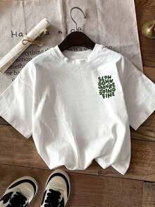 Camiseta de manga corta holgada con estampado gráfico de doble cara para mujer, estilo casual, cómoda y versátil, con cuello redondo, color blanco, para verano. - Blanco - Ver 2