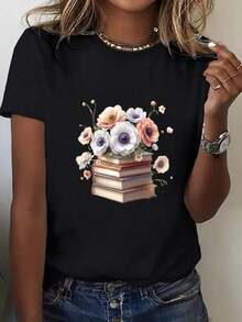 Soft 100% Cotton T-Shirt, Casual, Fashionable, Plus Size For Women, Loose Bohemian Print - Black And White Artistic Pattern, Round Neck, Short Sleeve, Breathable And Soft Fabric, Suitable For Both Casual And Formal Wear, A Gift For Book Lovers, A Must-Have Item For Spring, Machine Washable, Comfortable, Loose, Breathable Cotton T-Shirt, Goes With Everything. - 黑色 - 查看 1