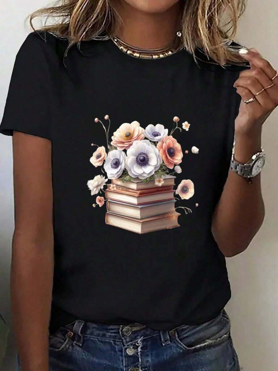Soft 100% Cotton T-Shirt, Casual, Fashionable, Plus Size For Women, Loose Bohemian Print - Black And White Artistic Pattern, Round Neck, Short Sleeve, Breathable And Soft Fabric, Suitable For Both Casual And Formal Wear, A Gift For Book Lovers, A Must-Have Item For Spring, Machine Washable, Comfortable, Loose, Breathable Cotton T-Shirt, Goes With Everything. - 黑色 - 查看 1