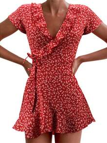 Vestido acampanado Floal de verano para mujer, Vestido corto ajustado con volantes florales y cuello en V para mujer, minivestido elegante con flores - Rojo - Ver 1