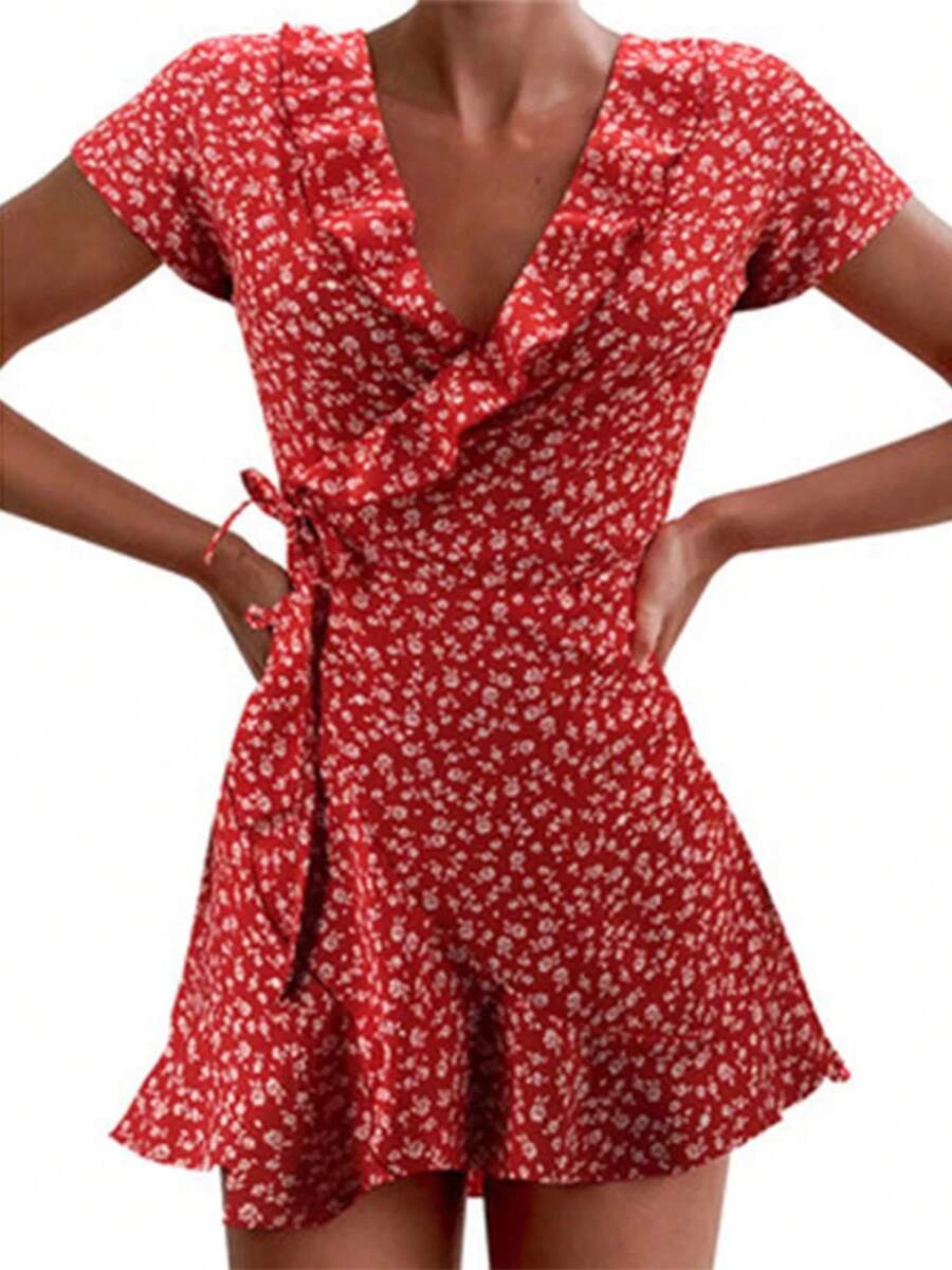 Vestido acampanado Floal de verano para mujer, Vestido corto ajustado con volantes florales y cuello en V para mujer, minivestido elegante con flores - Rojo - Ver 1