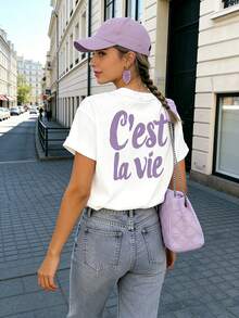 New 2026 Collection: Women's Cotton T-Shirt,  Short-Sleeved T-Shirt With Front And Back Prints, European And American Style Letter Print, Round Neck Top. Summer/Spring Style, Loose Fit, Sweet And Cute, Perfect For Women To Wear On Dates And At Meetings. Women's Urban-Style Short-Sleeved T-Shirt, Made Of Lightweight And Breathable Fabric. - 白色4 - 查看 4