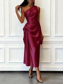 Women's Fashionable And Elegant One-Shoulder Slim-Fit Dress With A Stylish Pleated Waist Design, Slimming And Long Formal Gown - màu đen - Xem 3