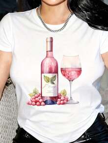 New Arrivals For Summer. 1 Stylish Women's T-Shirt With Wine And Grape Print - Fun Graphic Design With Pink Wine, Green Leaves, And Purple Grapes - Soft, Breathable, And Sweat-Wicking Fabric - Perfect For Casual Wear, Sports, And As A Gift. Stylish Printed T-Shirt, Breathable Blouse, Shirt > Beautiful. - 白色 - 查看 6