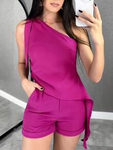 Women's Asymmetric Collar Sleeveless Cropped Top And Shorts Woven 2 Pieces Set With Pockets - Hot Pink - View 2