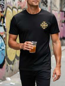 Religious T-Shirt With Jerusalem Cross And Knights Pentagram - Jesus T-Shirt - Christian T-Shirt - 100% Pure Cotton With Latin Prayer Text And Medal Print, With Benedictine Elements - Catholic Religious Gift, Suitable For Fathers, Husbands, Grandfathers - Available In Sizes S-2XL, Father's Day Gift, Suitable For Casual Daily Wear And Outdoor Activities. - 黑色 - 查看 4