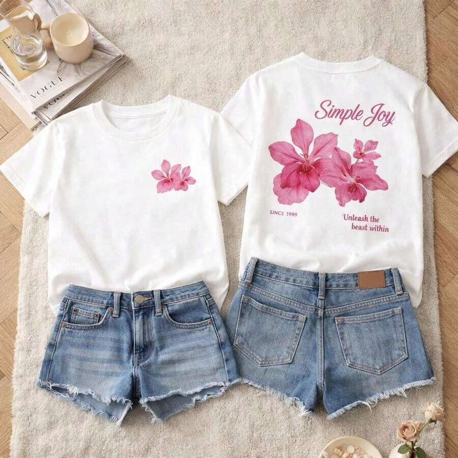 Camiseta de manga corta 1 pieza, camiseta de algodón de talla grande para mujer con estampado floral rosa y conjunto de shorts de mezclilla. Un conjunto casual cómodo y elegante para uso diario. Camiseta blanca de verano para mujer con estampado floral rosa y conjunto de shorts de mezclilla para uso diario, regalos de cumpleaños, regalos de Halloween o como camiseta conmemorativa para amigos o seres queridos. También adecuada como suéter. Entrega rápida. 100% algodón. - Blanco - Ver 1