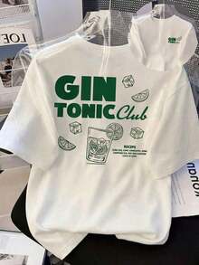 Women's Short-Sleeved Summer T-Shirt, Green, Casual And Minimalist With Gin & Tonic Club Print And Lime Slice Embellishments, Made Of White Cotton, For Spring, Summer, Autumn, Everyday Wear & Holidays - 白色 - 查看 5