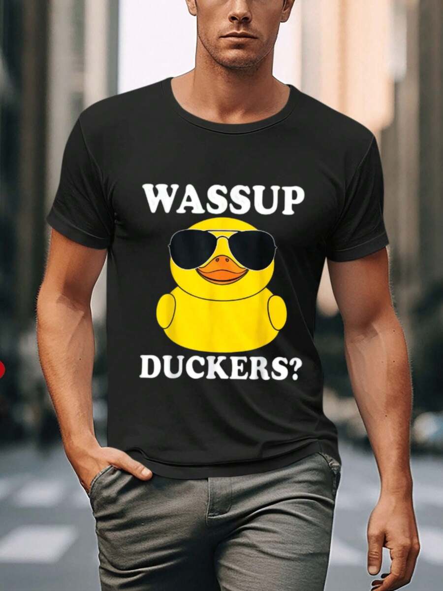 2D Flat Yellow Duck With Sunglasses And The Phrase "Wassup Duckers" Printed On A Black T-Shirt, Acrylic Hanging Ornament For Home And Office Decoration, Christmas Gift For Friends. - 黑色 - 查看 1